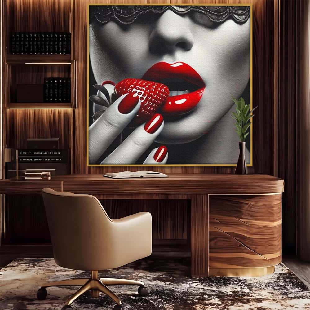Tablou canvas cu tablou canvas cu buze rosii si capsuna, in rama de aluminiu auriu, pe perete intr-un birou